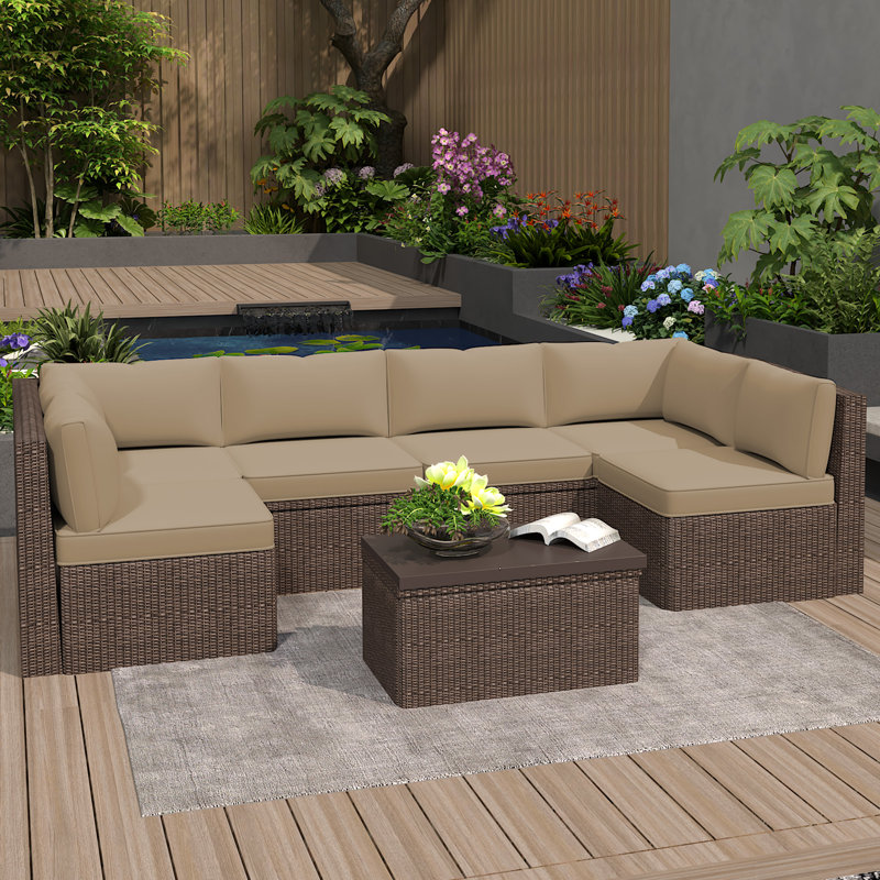 Outdoor Replacement Cushions 14-Piece Deep Seat Water-Resistant Patio Furniture Cushions for 6-Seat Sectional Rattan Sets, Brown