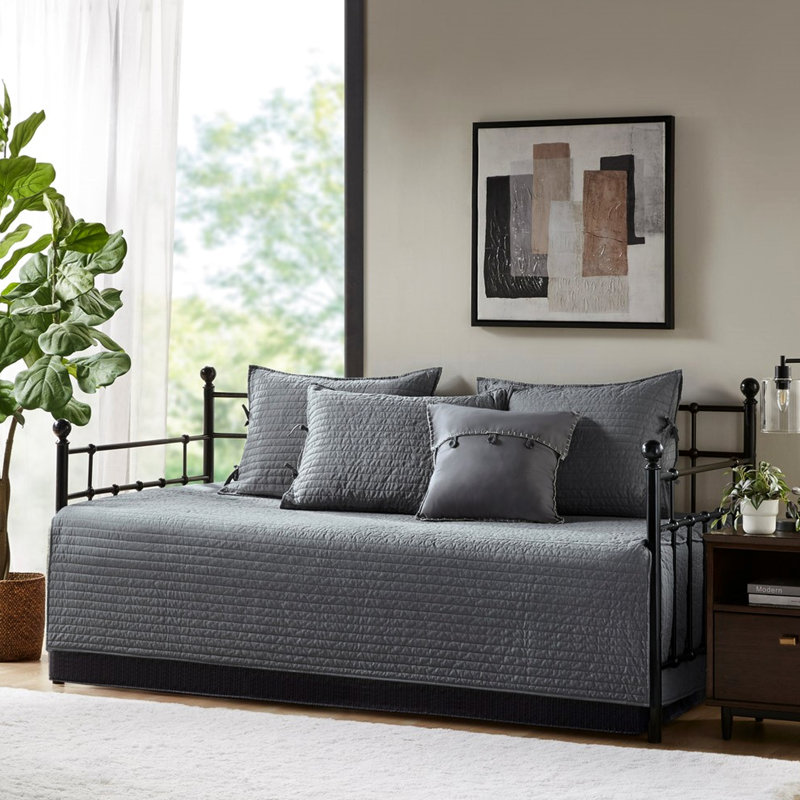 Grey Reversible Plaid Daybed Cover - 6 Pieces Comprising Cover, 17-inch Drop , Shams, And Decorative Pillow Cotton Blend Filling Include 3 1 , Microfiber,