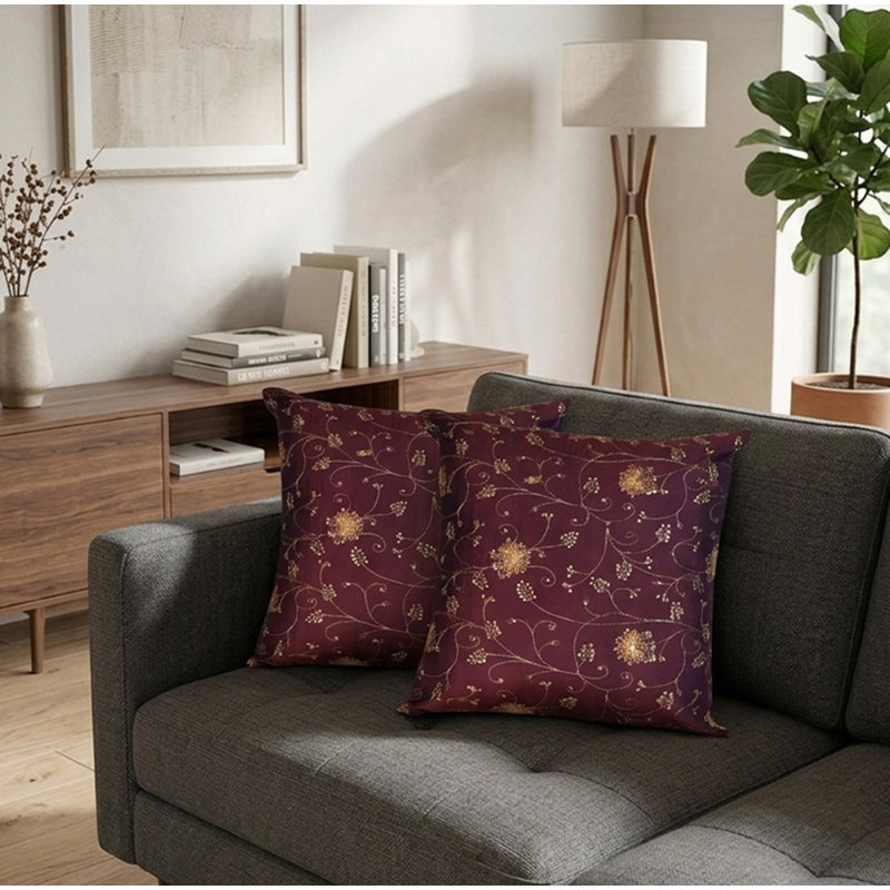 Housses de coussin décoratives faites à la main de 16 po x 16 po en soie florale, brun pour l'intérieur, paquet de 1