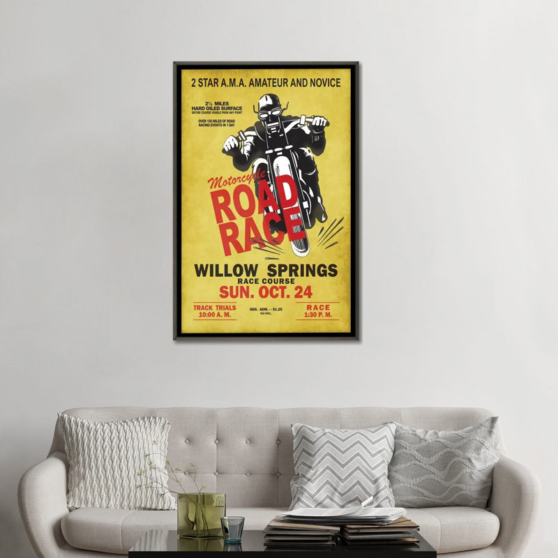 «Willow Springs Road Race» par Mark Rogan - publicité imprimée, H 48 po x l 32 po x P 1,5 po, Aucun mat
