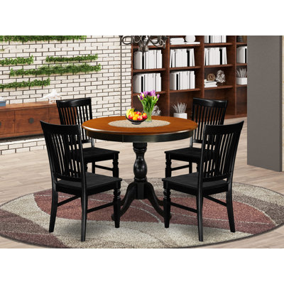 Ensemble de table et chaises de cuisine 5 pièces comprenant une table de salle à manger ronde avec piédestal et 4 chaises en bois massif, 36 po x 36 po, noir et cerisier