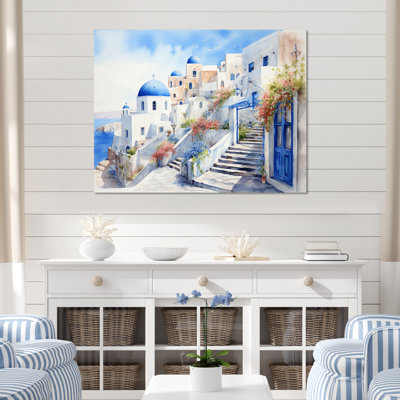 «Blue and White Santorini Village I», art mural Grèce