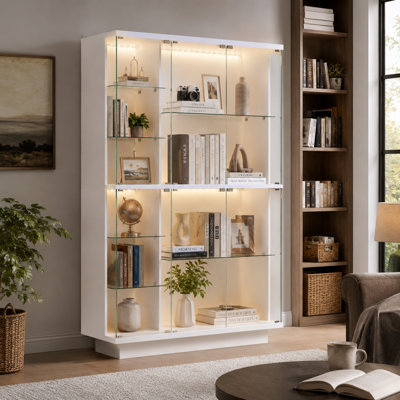 47.2" W LED Lighted Display Bookcase, 70.9" H White Glass Door Storage Cabinet With Display Zones And Glass Shelves