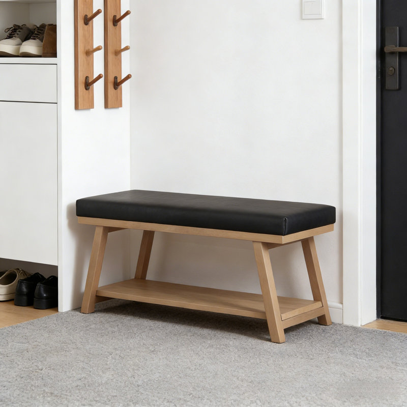 Banc de rangement en cuir Premium, Bois jaune clair / noir