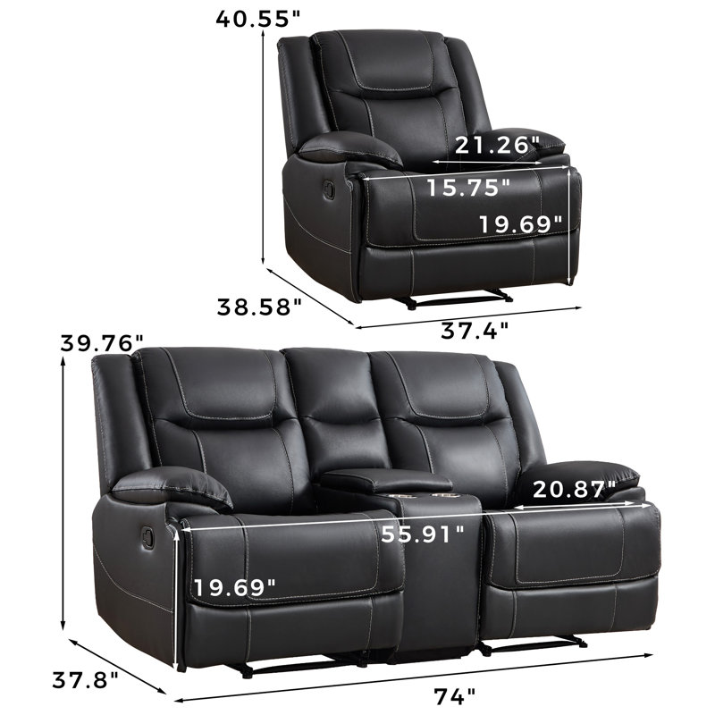 Ensemble de salon inclinable en cuir véritable 3 pièces 3 pièces - 2 chaises et 1 causeuse, Noir