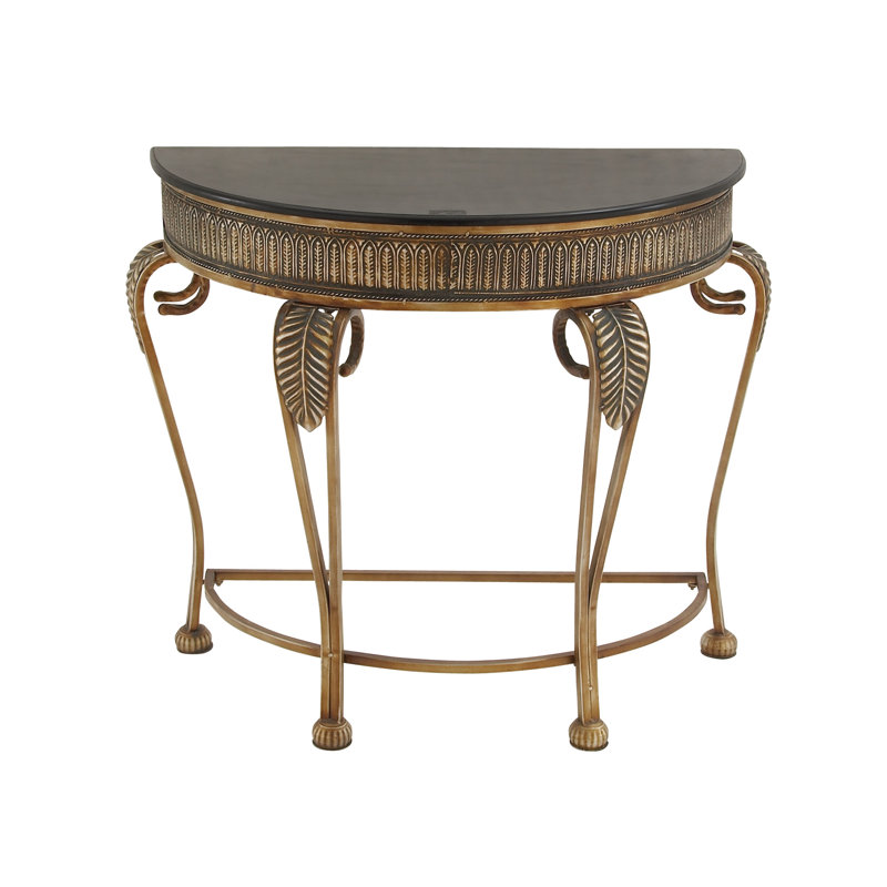 Gold Metal Demilune Console Table with Ornate Scroll Legs