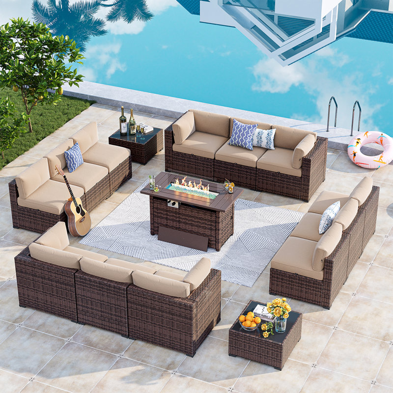 Melisandra Polyethylene (PE) Wicker 12 - Person Seating Group with Cushions and Fire Pit, Brown, Beige