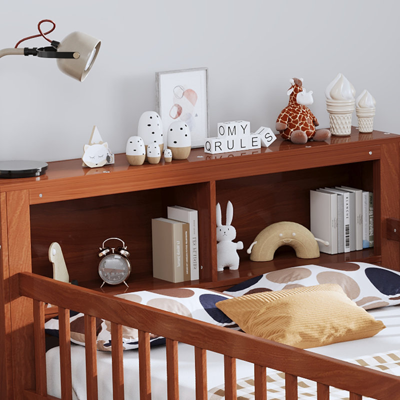  Twin Bed with Headboard Storage Rack, Under-Bed Storage and Three-Side Guardrails, Walnut, Brown