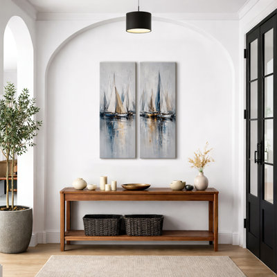 Décoration nautique côtière « Voilier bleu et or » – Ensemble de 2 impressions sur toile 32 po x 12 po x 2 po
