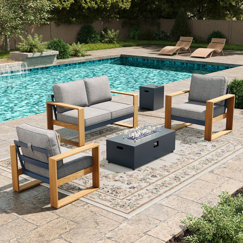  4 Pieces Aluminum Patio Furniture Set With Fire Pit Table, Oversized Seat With Hight Back Outdoor Conversation Sets