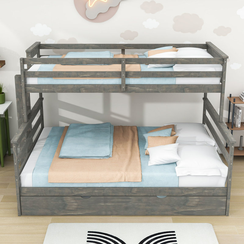 Twin XL over Queen Wooden Bunk Bed with Trundle and Guardrails, Gray