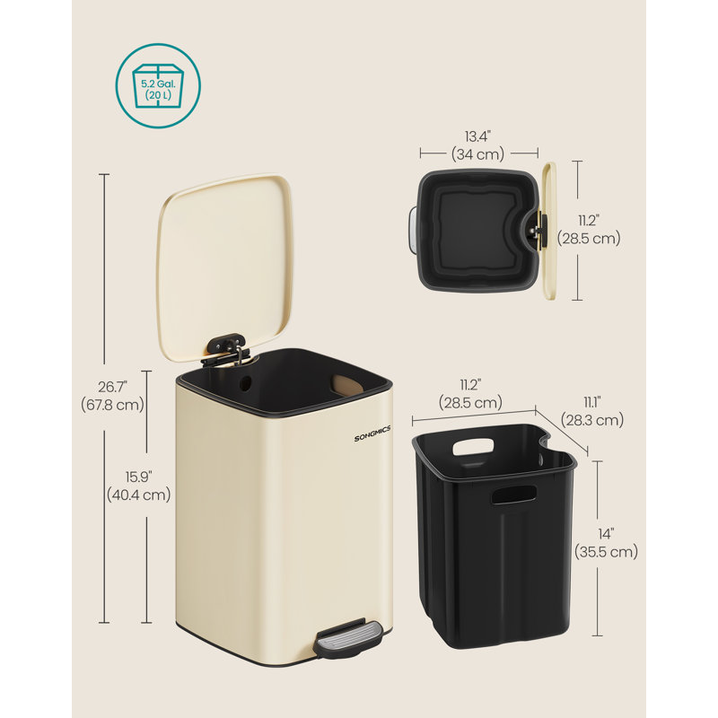Clerfont Step On Kitchen Trash Can, Sand Beige, 40.4cm H x 34cm W x 28.5cm D