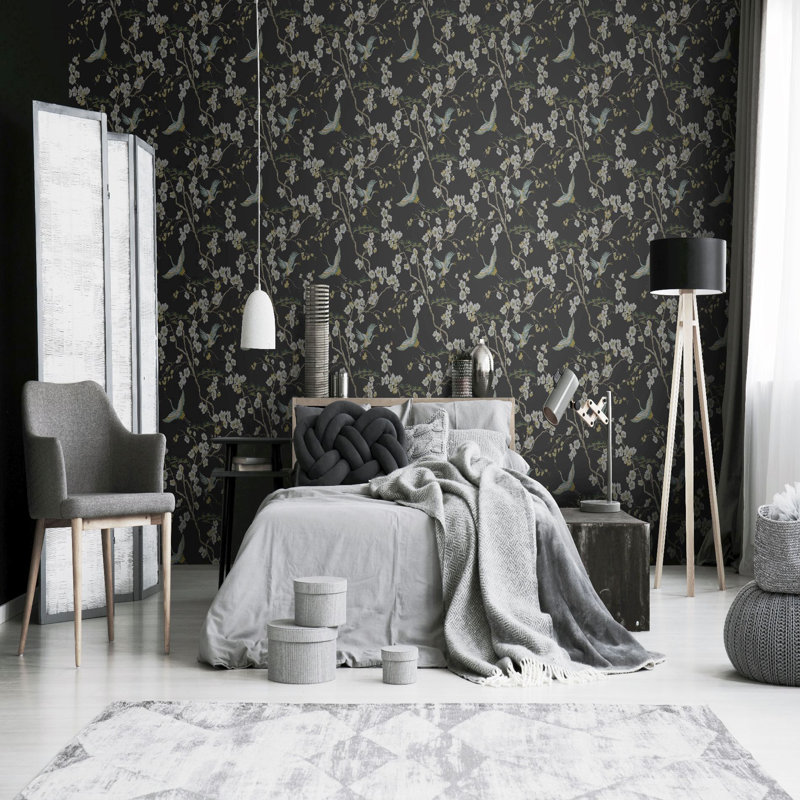 Sublime Japan Floral and Fauna Tropical Wallpaper, Black