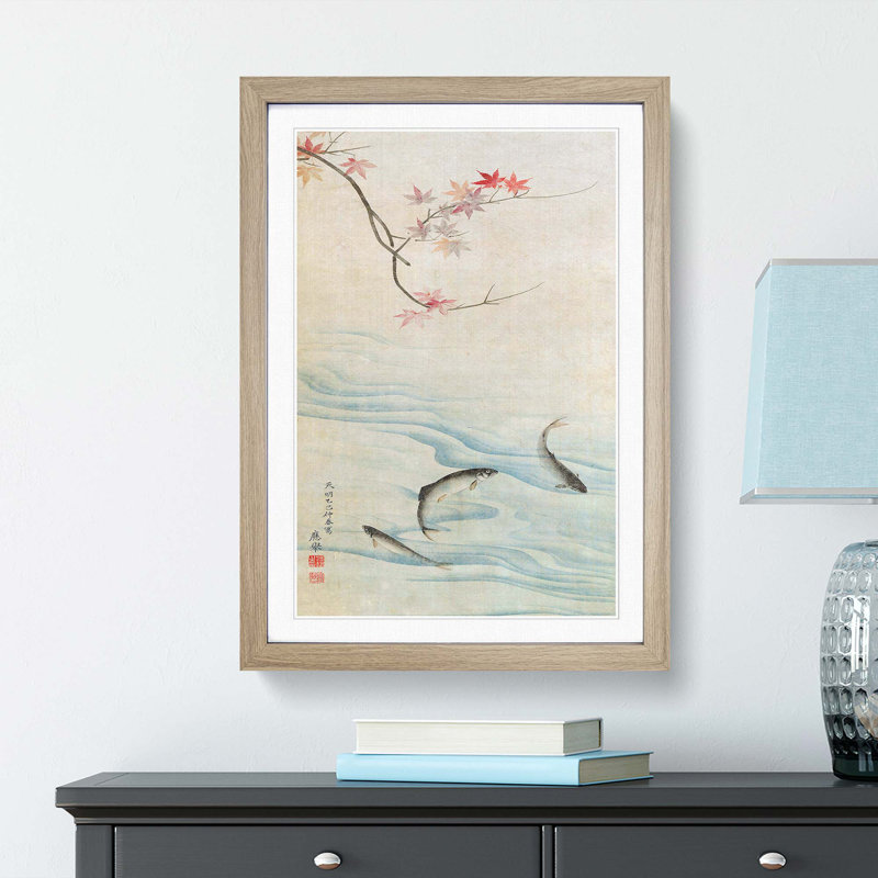 Fish in the Autumn by Maruyama Okyo - Picture Frame Art Print, 36cm H x 27cm W x 2cm D, Oak Framed