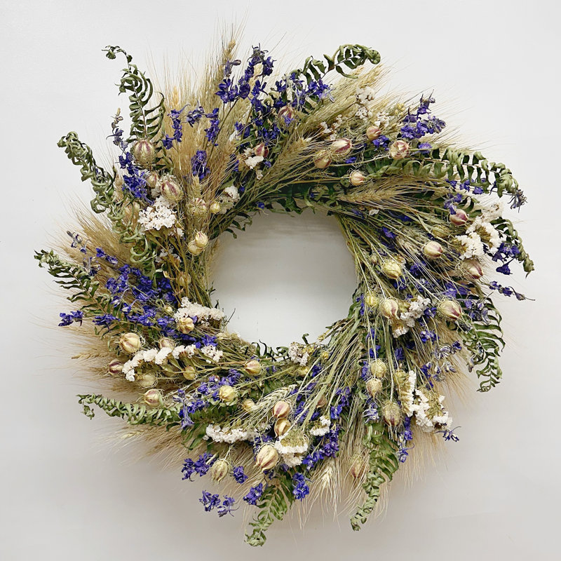 Dried Spring Blue Larkspur and Fern Wreath, 26" W x 26" H x 6" D