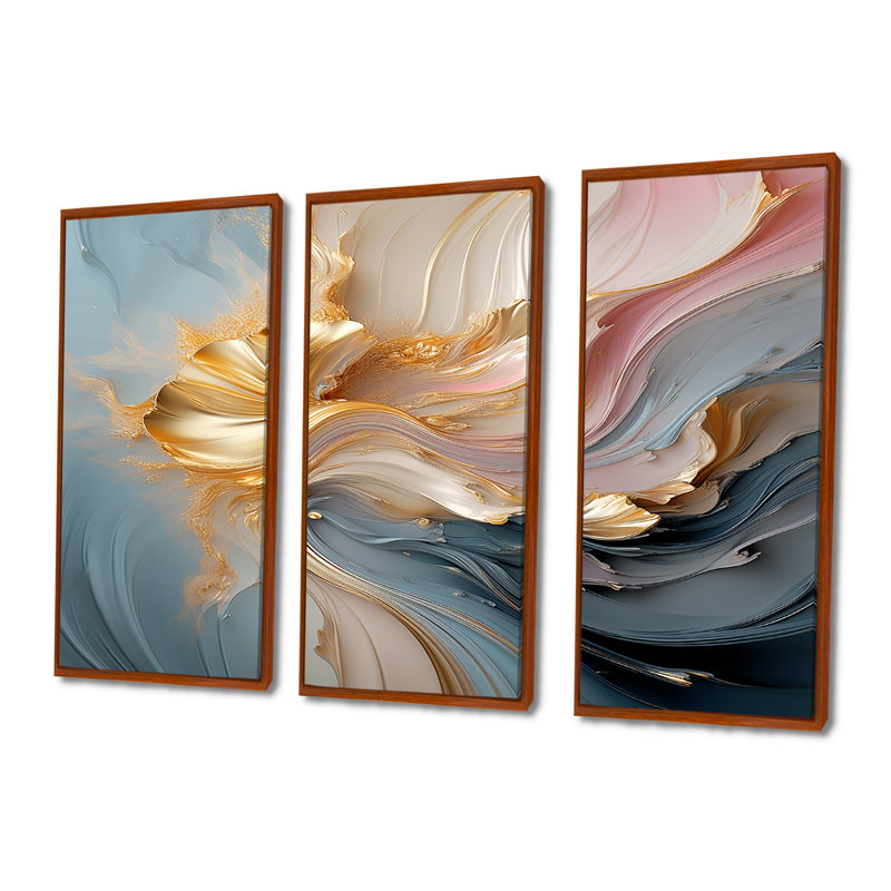 «Fluid Magnificence Pink Gold II», ensemble d'art mural abstrait à encre liquide, Cadre flottant brun
