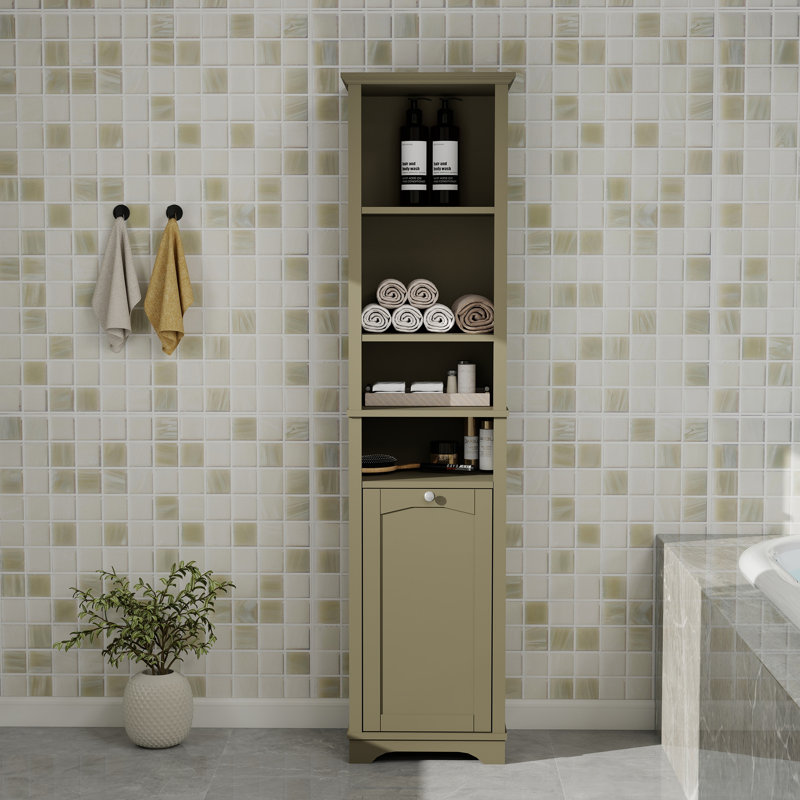 Grande armoire de rangement pour salle de bain avec tablettes ouvertes et panier à linge, Gris