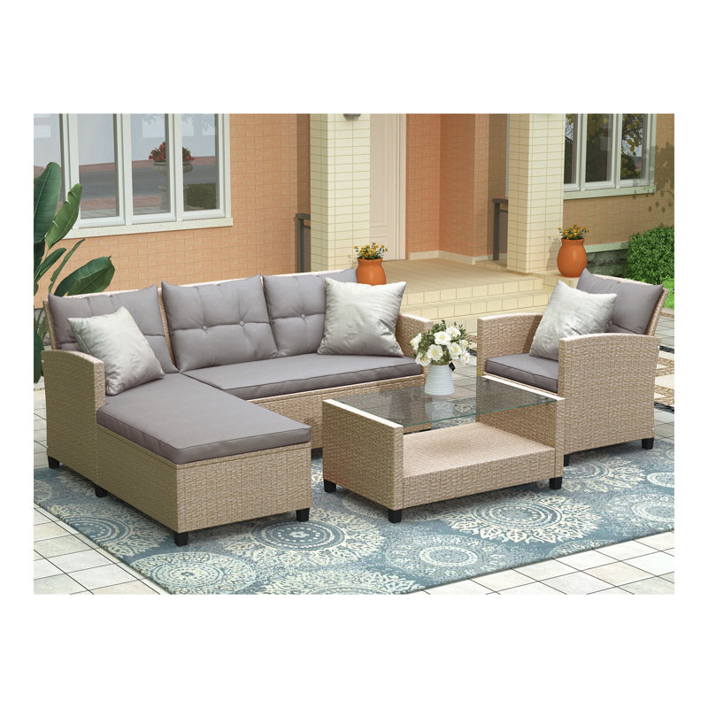 Extérieur, ensembles de meubles de patio, ensemble de conversation 4 pièces Canapé modulaire en osier avec coussin