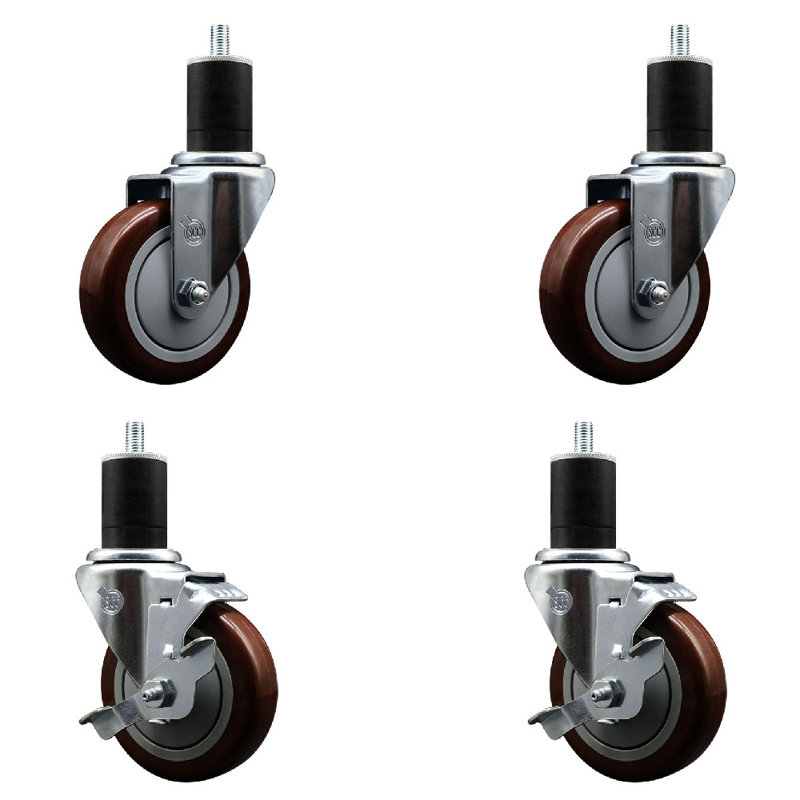 Ensemble de roulettes extensibles pivotantes en poly sur roulettes 2 freins SCC TLB 4 po x 1-3 / 4 po, Marron