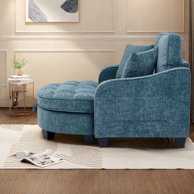 Canapés avec repose-pieds avec rangement, chaise longue moderne en velours côtelé bleu