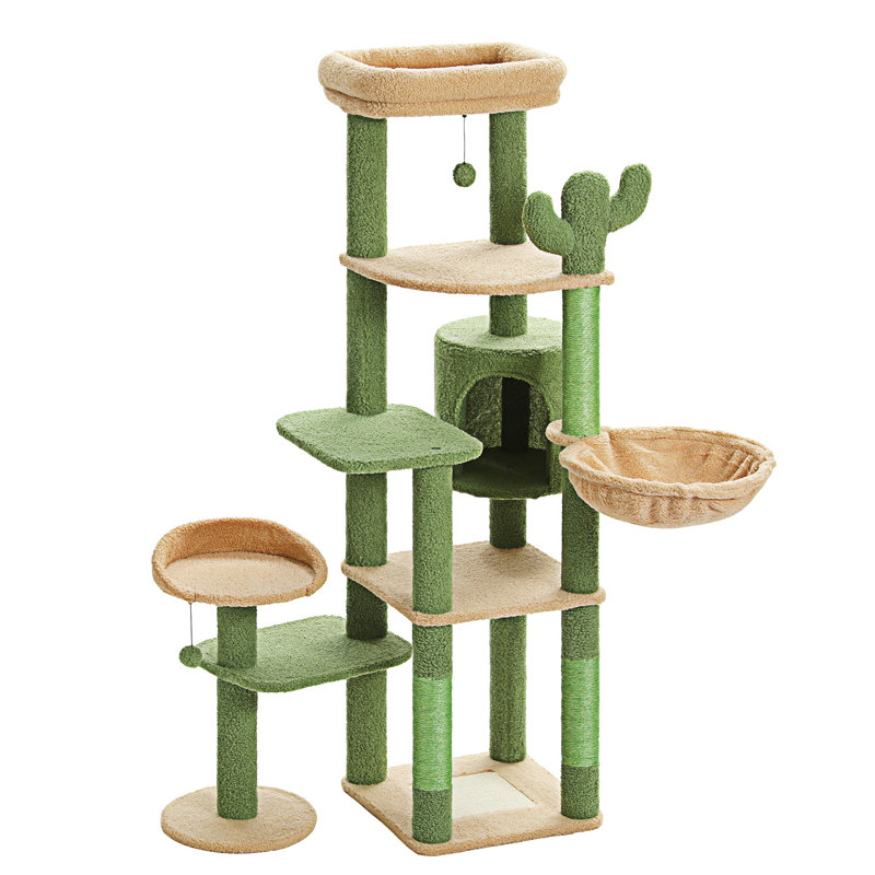 59" Green and Beige Sisal Cactus Cat Tree Tower with Hammock and Perches