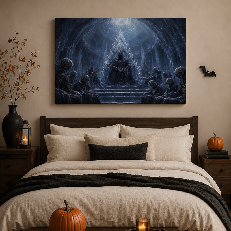 Figure sombre sur un trône de glace hérissé dans une grotte bleue - Toile murale d'Halloween, H 36 po x l 48 po