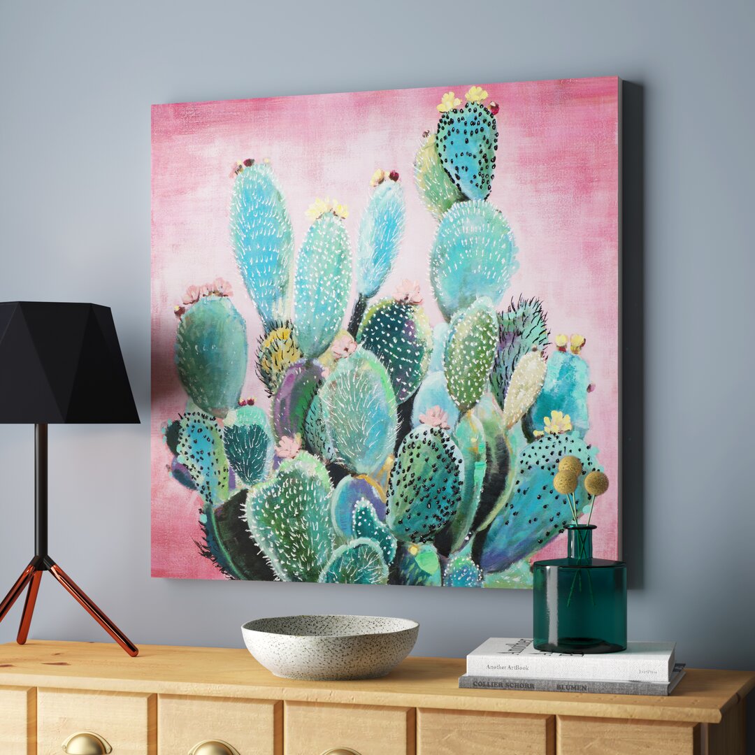 Hochwertiges Gliclée Leinwandbild "Green Cactus in Front of Pink Background"