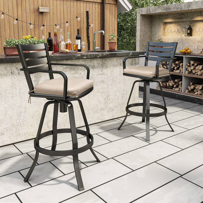 Tabourets de bar pivotants en aluminium avec coussin Sunbrella, Toile beige antique