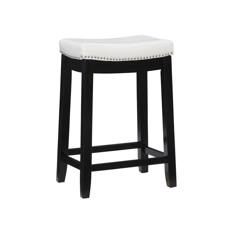 Tabouret de comptoir et de bar en bois massif sans dossier avec siège rembourré Bartonville, Blanc simili cuir / Noir