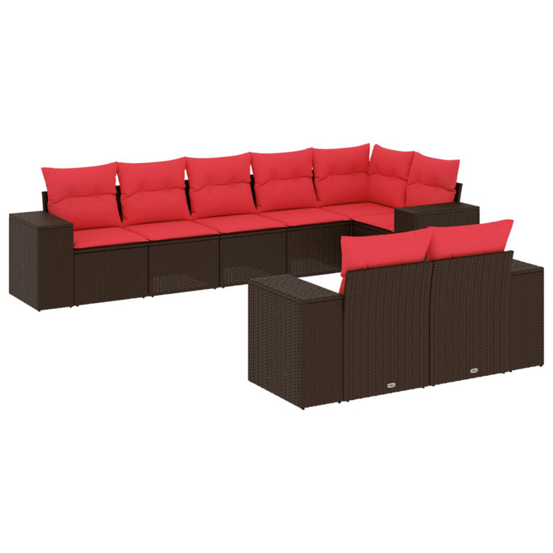  Ensemble de canapé de patio 8 pièces avec coussins en rotin de polyester brun, Rouge, Brun