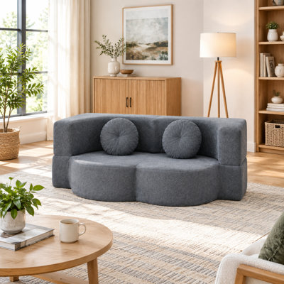 2-in-1 Convertible Folding Sofa Bed with Pillow, Twin Floor Couch, Cotton Linen Futon Sleeper, Grey