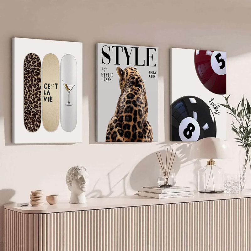 Trendy Cheetah Wall Decor Prints Preppy Leopard Wall Art Aesthetic Skateboard Canvas Poster Lucky 8 Ball Pictures Retro Fashion Painting For Bedroom Room Framed Set Of 3