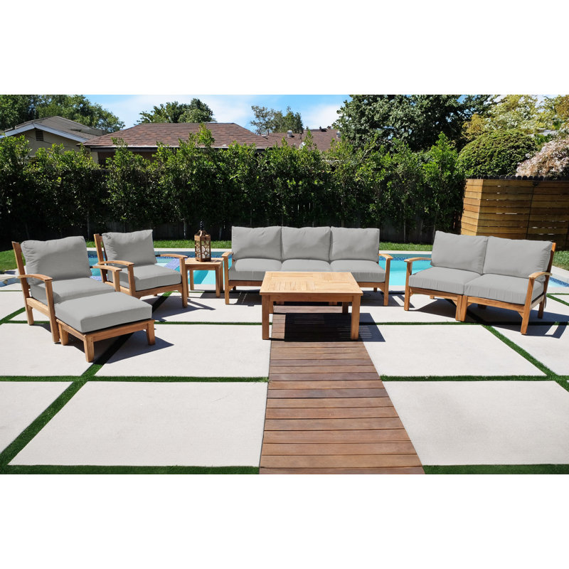 Ensemble de conversation en teck avec coussins Sunbrella 7 pièces Huntington, Sunbrella® granit