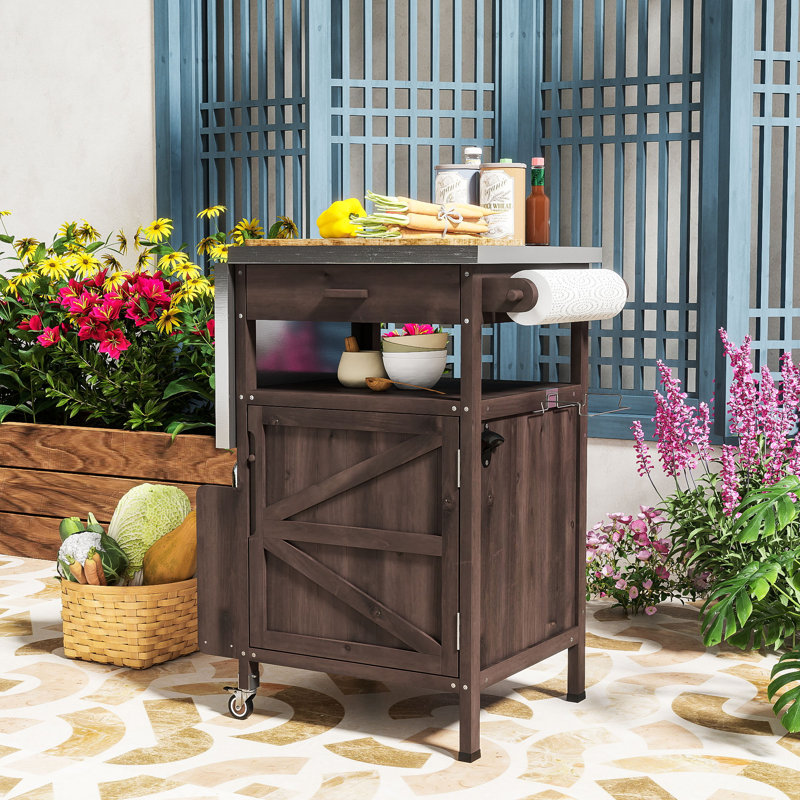 Chariot de cuisine d'extérieur avec plateau en acier inoxydable, armoire de rangement en bois de sapin massif et abattant pliable