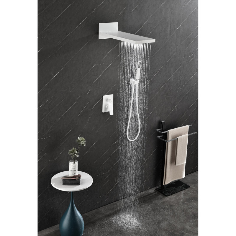Douche de salle de bain avec cascade et pomme de douche à main - Robinet mural en laiton, Blanc