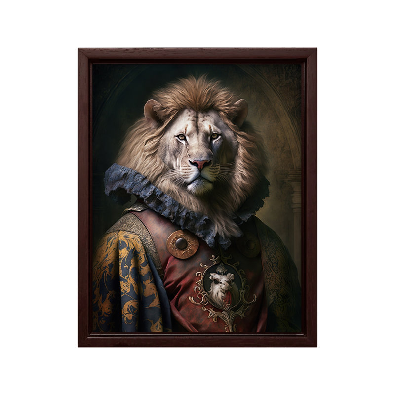 Lion aristocratique, Canevas, H 12 po x l 16 po, Encadrement brun