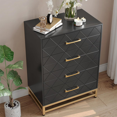 4 Drawer Dresser For Bedroom, Tall Bedroom Dresser With Large Drawer & Golden Handles, Wooden Modern Storage Cabinet Chest Of Drawer For Bedroom,Close by Mercer41