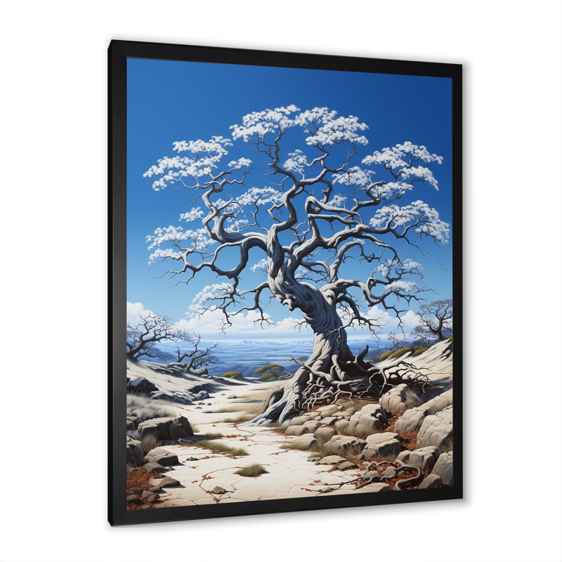 Arbre harmonie sur fond bleu - Art mural sur toile floral et botanique, Cadre photo noir, L 12 po x H 20 po