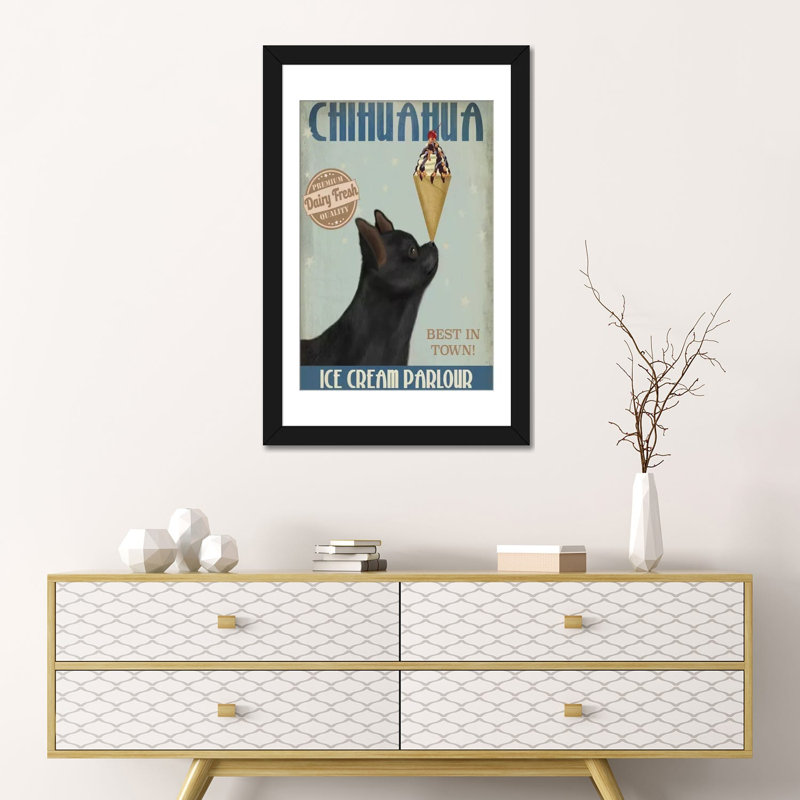 « chihuahua ice crème », reproduction d’impression sur toile tendue Fab Funky, Papier d'art encadré noir, Blanc