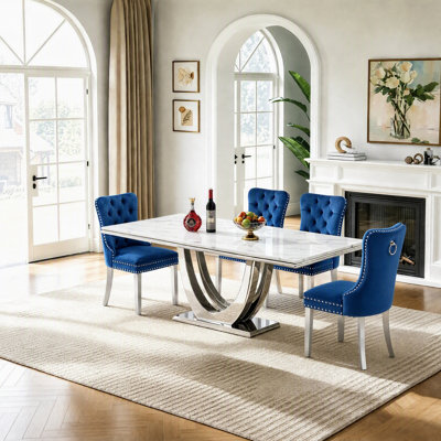 Luxury 5-Piece Dining Table Set, 68" Faux Marble Kitchen Table Set with 4 Upholstered Chairs, Silver U-Shape Pedestal Base, for Kitchen Dining Room