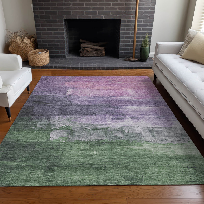 Lavender and Green Washable Synthetic Indoor/Outdoor Rug