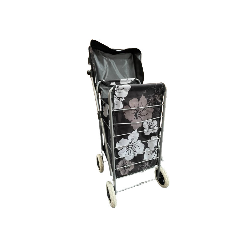 4 WHEEL SHOPPING TROLLEY - BLACK FLOWERS