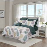 Ensemble de housse de couette réversible 4 pièces en coton ivoire / vert / bleu Floodwood