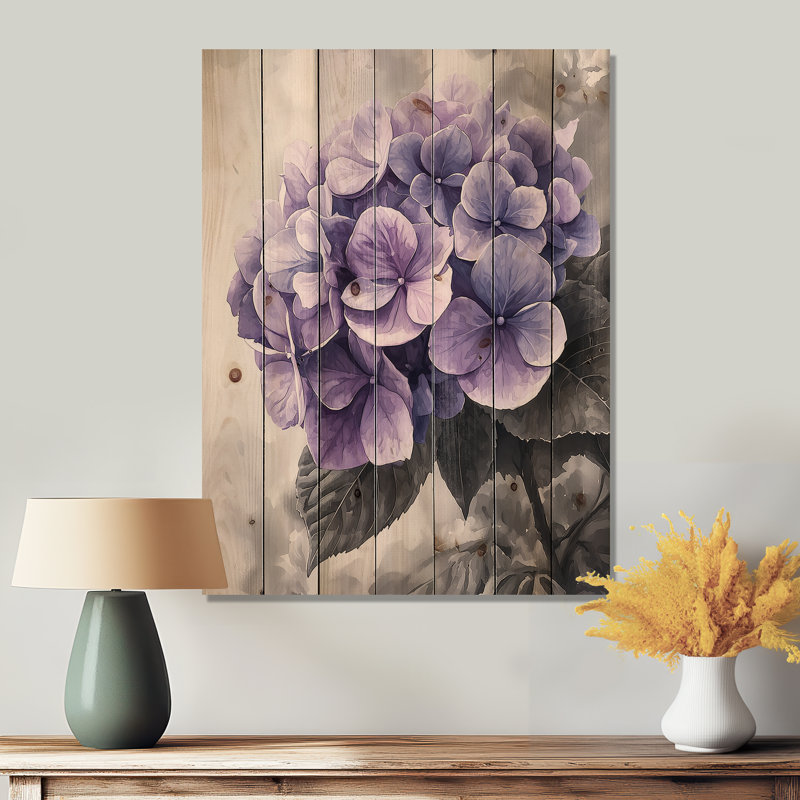 Mauve mauve hydrangée II - décoration murale en bois d'hortensia - sur bois de pin naturel, H 20 po x l 10 po x P 0,78 po