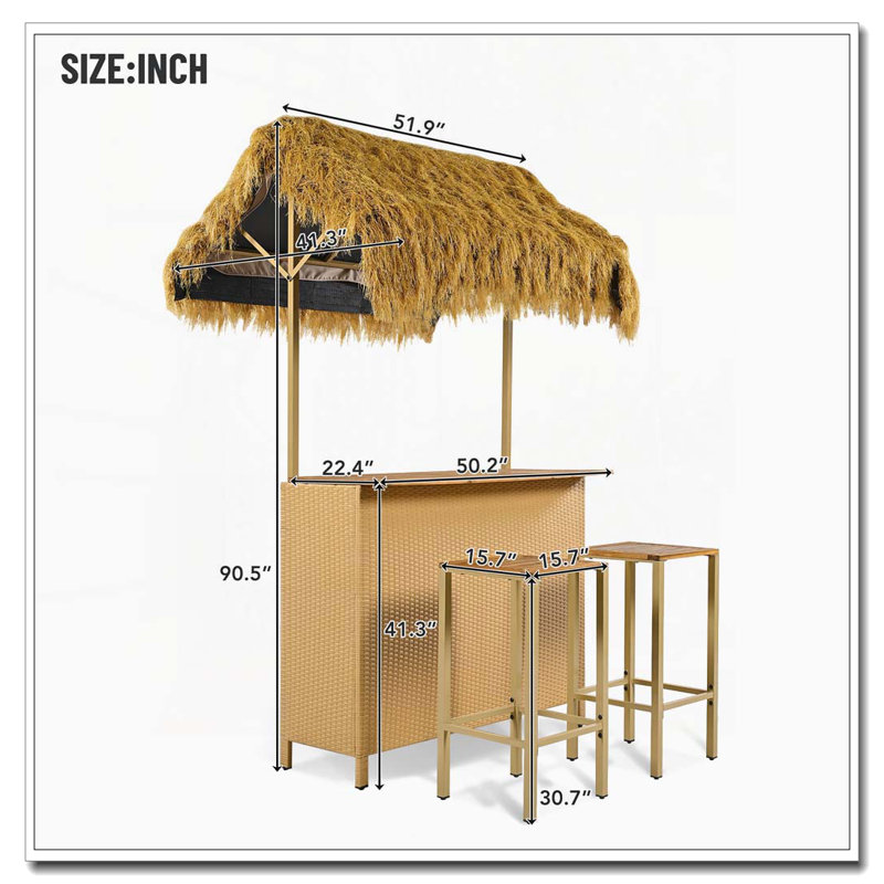 Ensemble de patio d'extérieur à hauteur de bar de style hawaïen avec auvent et rangement en gazon PE