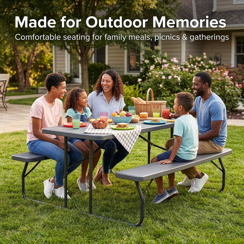 Gray Folding Picnic Table Set with Benches, Woodgrain Plastic Outdoor Dining Table with Steel Frame, Portable Foldable Picnic Bench Table for Patio, Backyard, Camping, Park, Seats 6