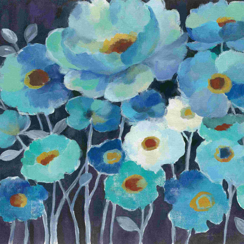 Fleurs indigo II par Silvia Vassileva - Peinture, H 12 po x l 12 po, Cadre simple noir, Non