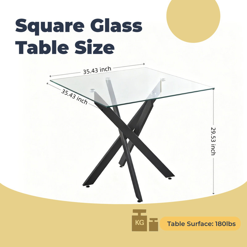 36'' Square Tempered Glass Dining Table with Modern Black Metal Legs, Seats 2-4, Square-Black