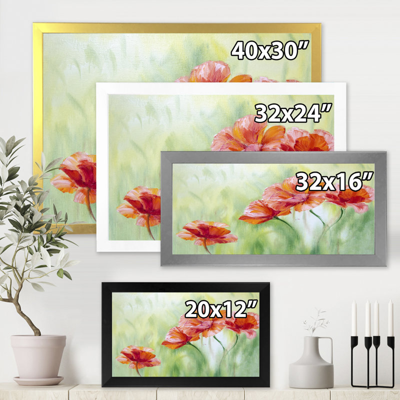 «Red Blossoming Poppies I», peinture sur toile, Toile encadrée d'or, H 24 po x l 32 po x P 1,5 po