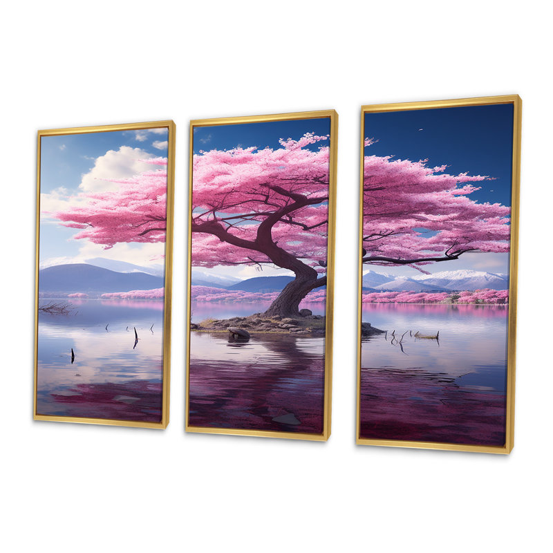 Fleur de cerisier majestueux dans un lac de montagne - Ensemble d'art mural cerisier en fleurs, Cadre flottant doré